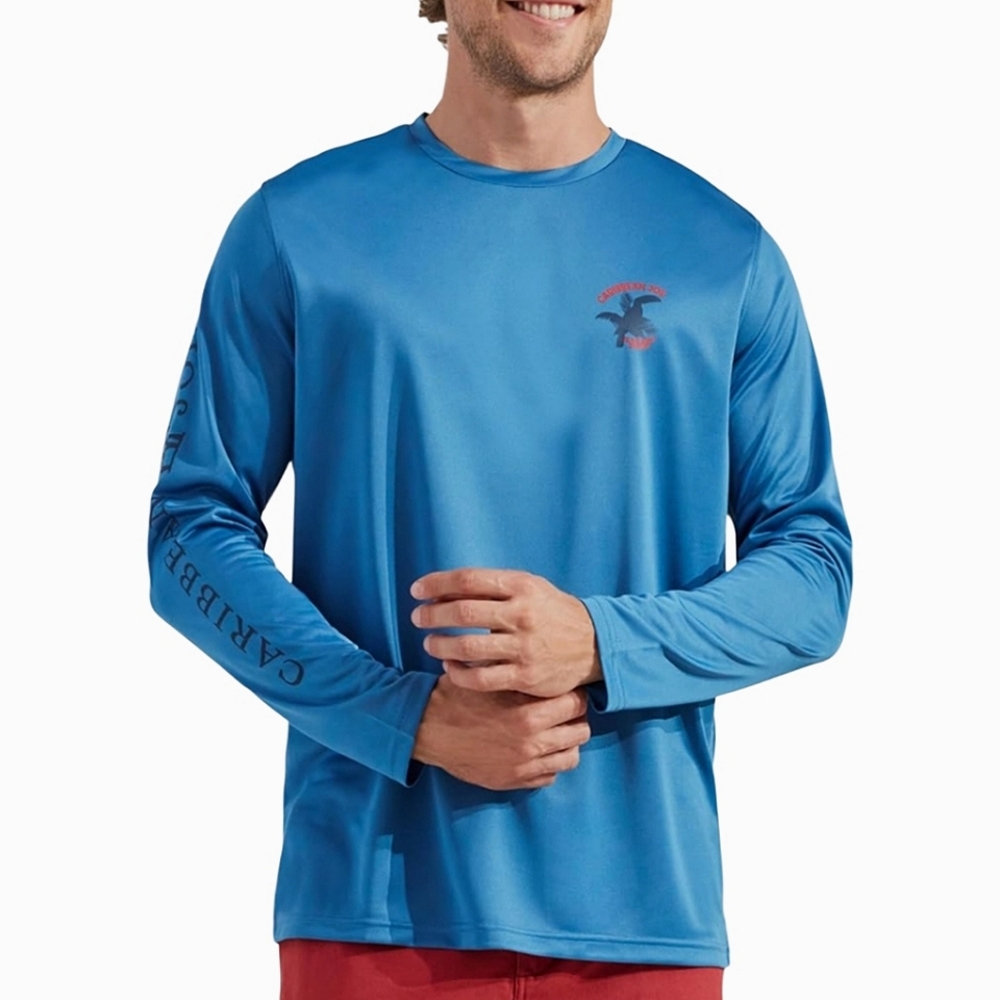 CARRIBEAN JOE Toucan Rash Guard Blue Breeze Tech Swim Tee UPF Protection NWT
